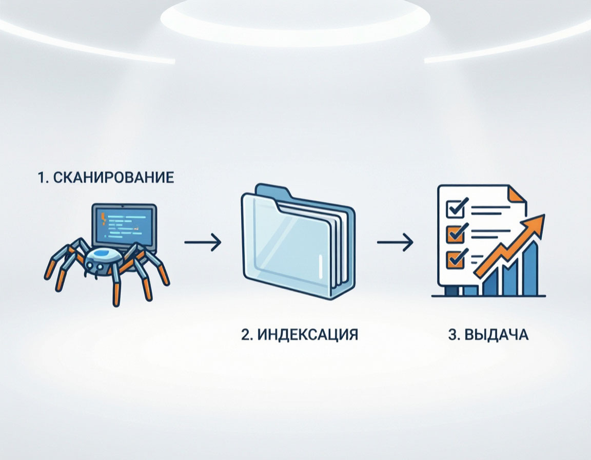 Три этапа работы поисковых систем: сканирование, индексация и ранжирование страниц сайта.