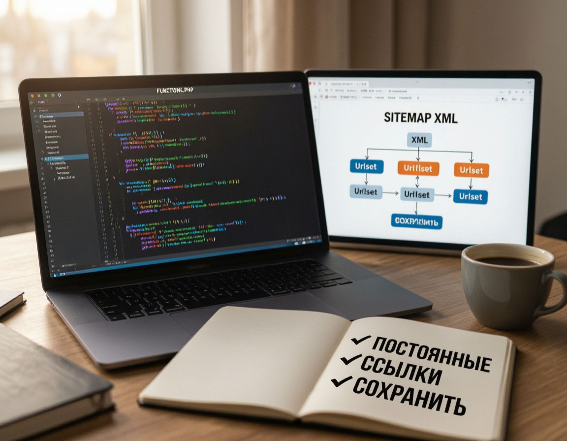 Создание sitemap.xml без плагинов: код в functions.php, сохранение постоянных ссылок и работающий XML-файл с картой сайта в браузере.