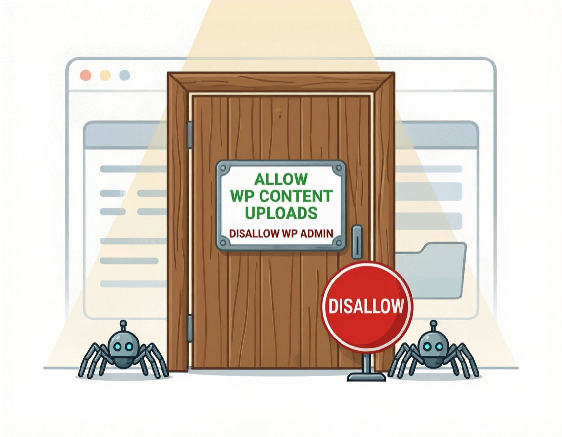 Метафора robots.txt: дверь с табличкой Allow и Disallow, роботы-пауки входят или остановлены, настройка доступа к папкам сайта.